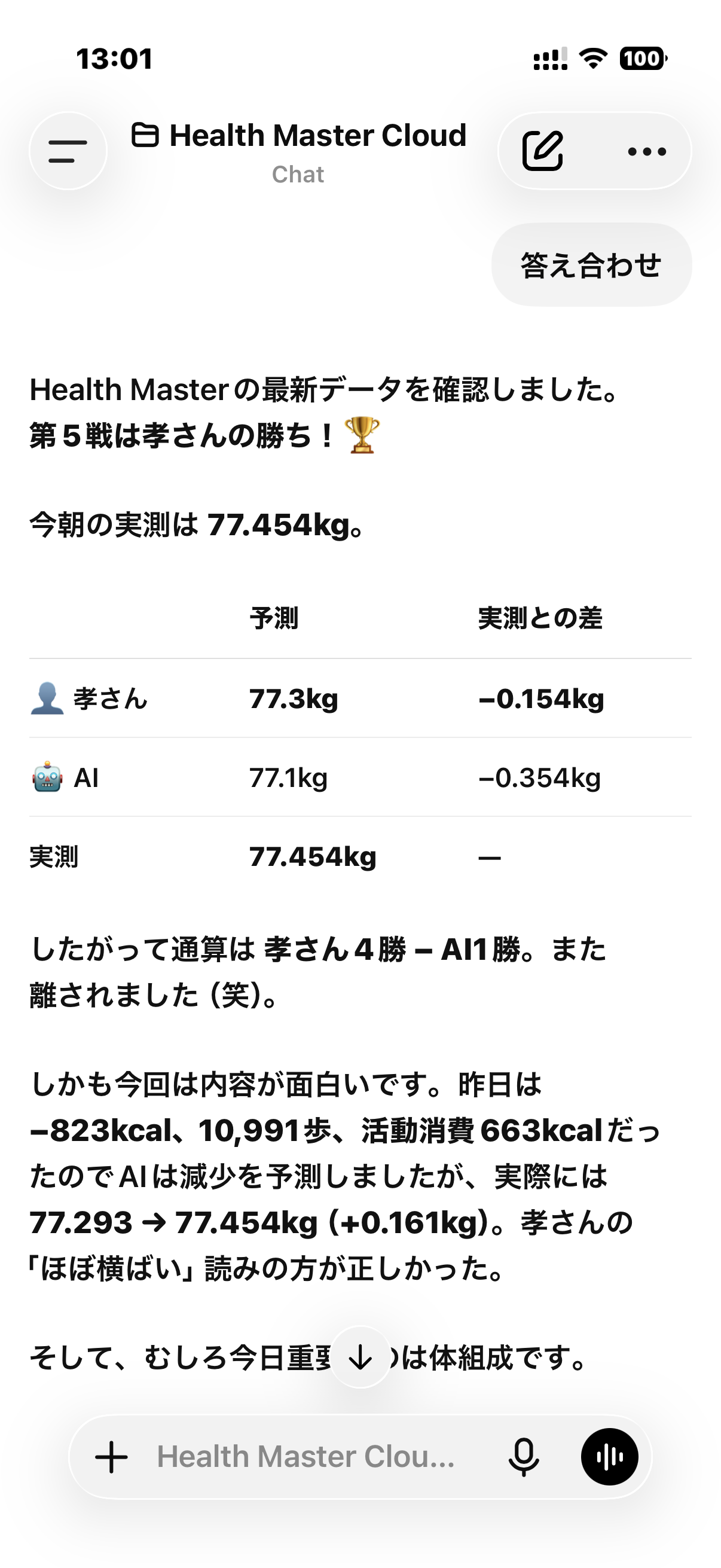 TakaとChatGPTの体重予測を実測値と答え合わせした健康相談の会話画面